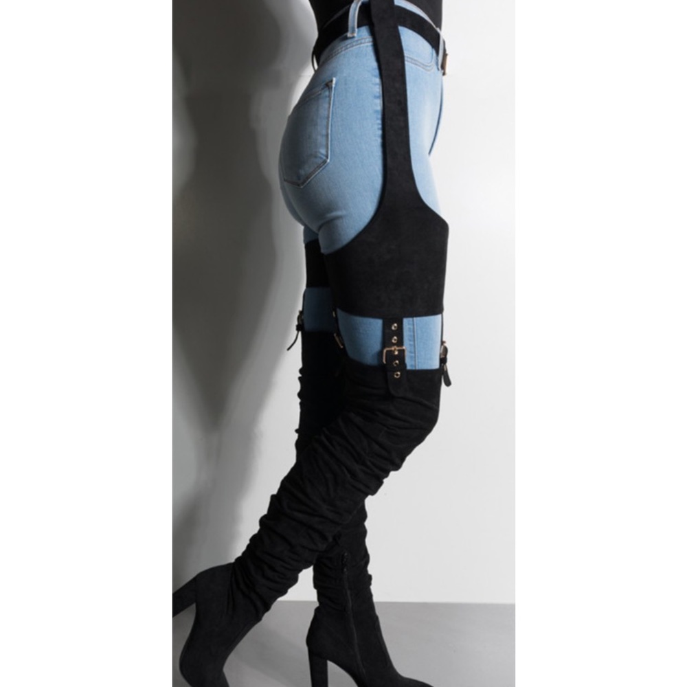 Black suedeAzalea Wang thigh high boots with belt loops and belt. Size 7.